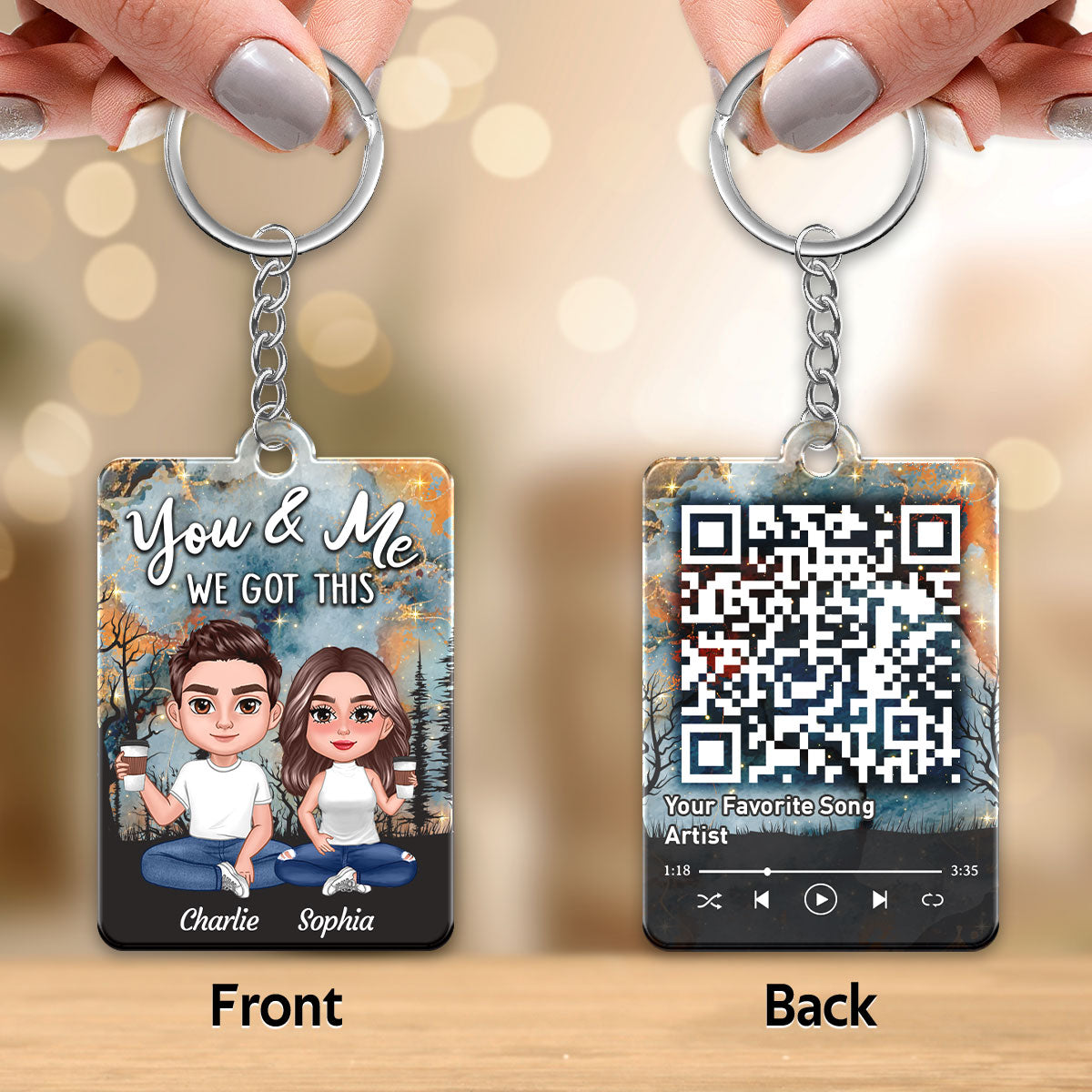 Doll Couple Sitting Earth Pattern Favorite Song QR Code Personalized Acrylic Keychain