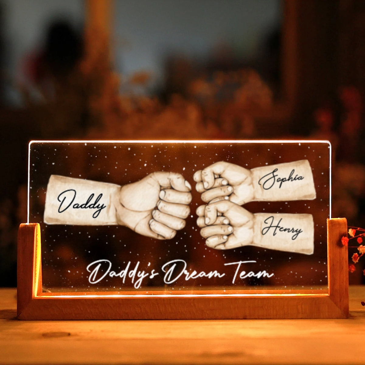 Daddy's Team Fist Bump Personalized U-Base Acrylic LED Night Light, Gift For Dad, Grandpa, Husband