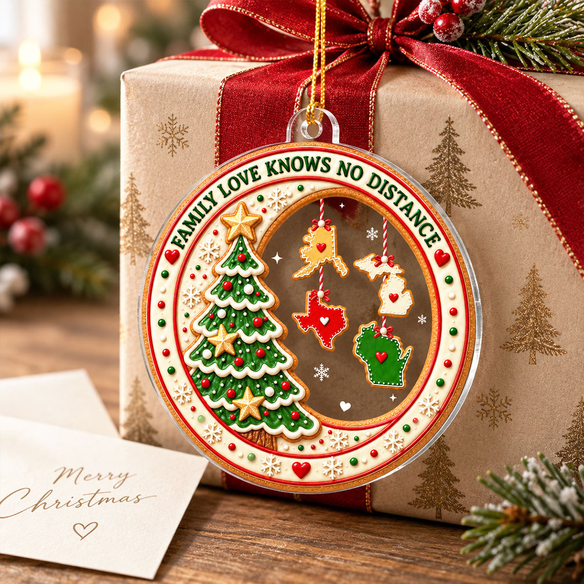 Family Love Knows No Distance Christmas Cookie States - Personalized Ornament - Long Distance Family Gift