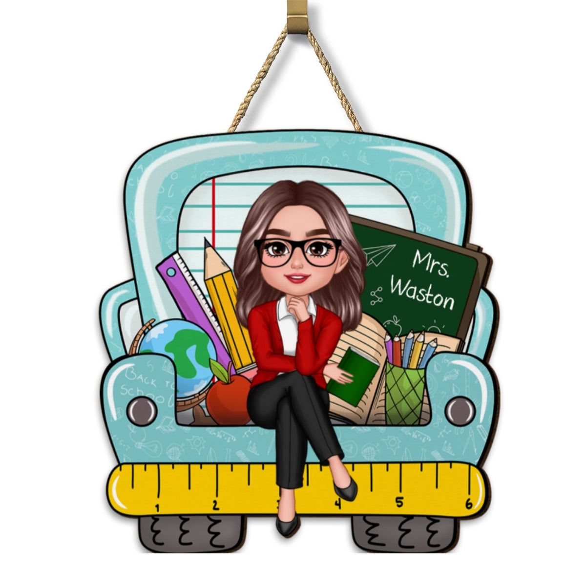 Doll Teacher Truck Back View Personalized Wood Sign, Back To School Gift