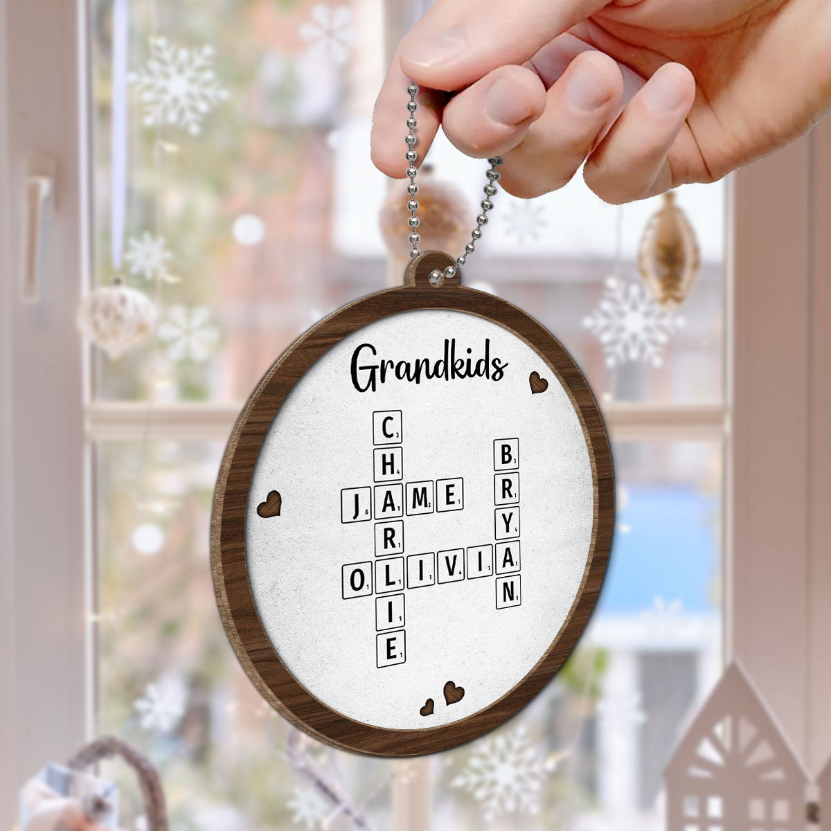 Grandkids Crossword Puzzle Art Newspaper Personalized 2-Layer Wooden Ornament, Christmas Gift For Grandma, Gift For Mom