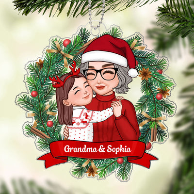 Christmas Wreath Grandma Grandkid Hugging Personalized Acrylic Ornament