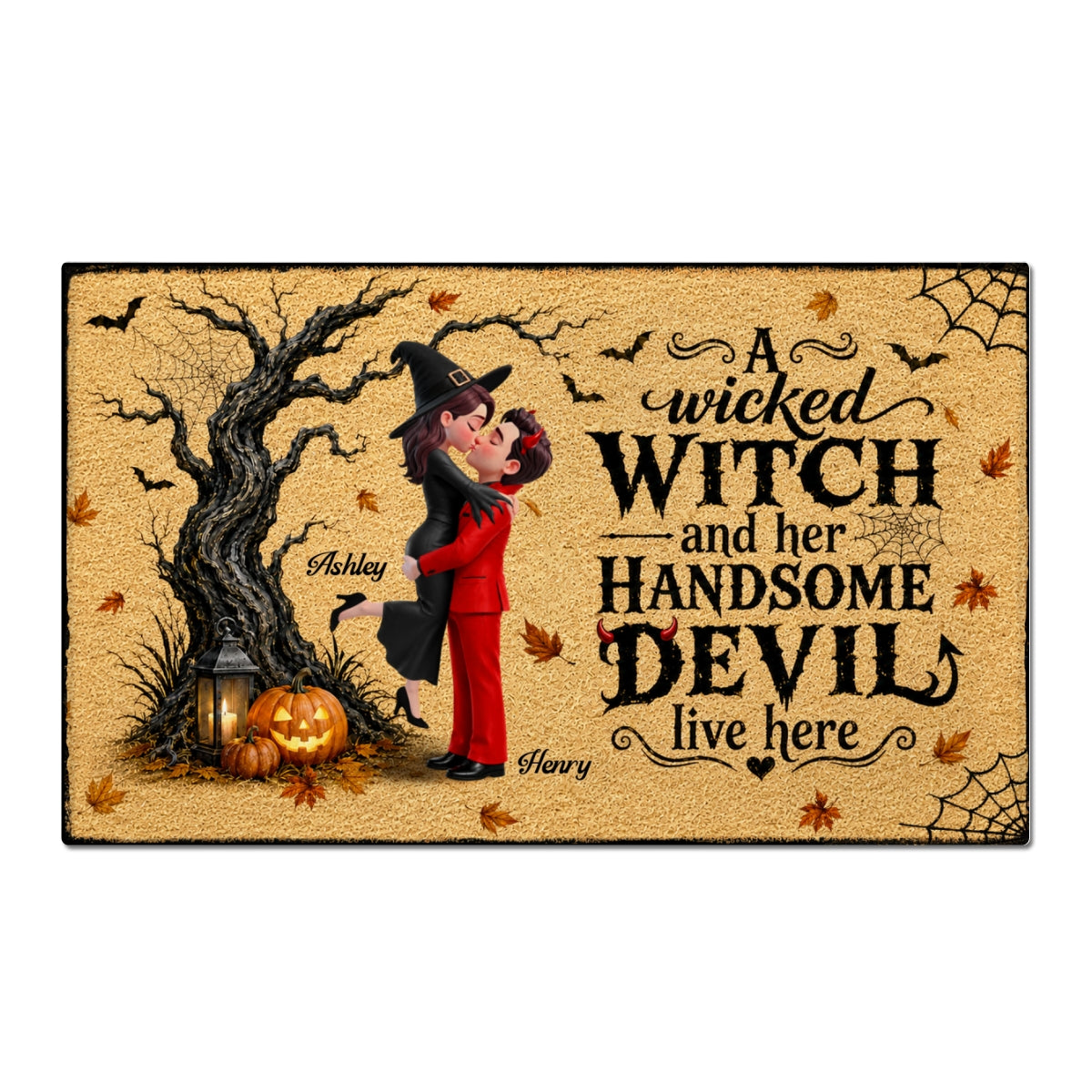 Wicked Witch And Handsome Devil Live Here - Personalized Doormat - Halloween Decor For Couple