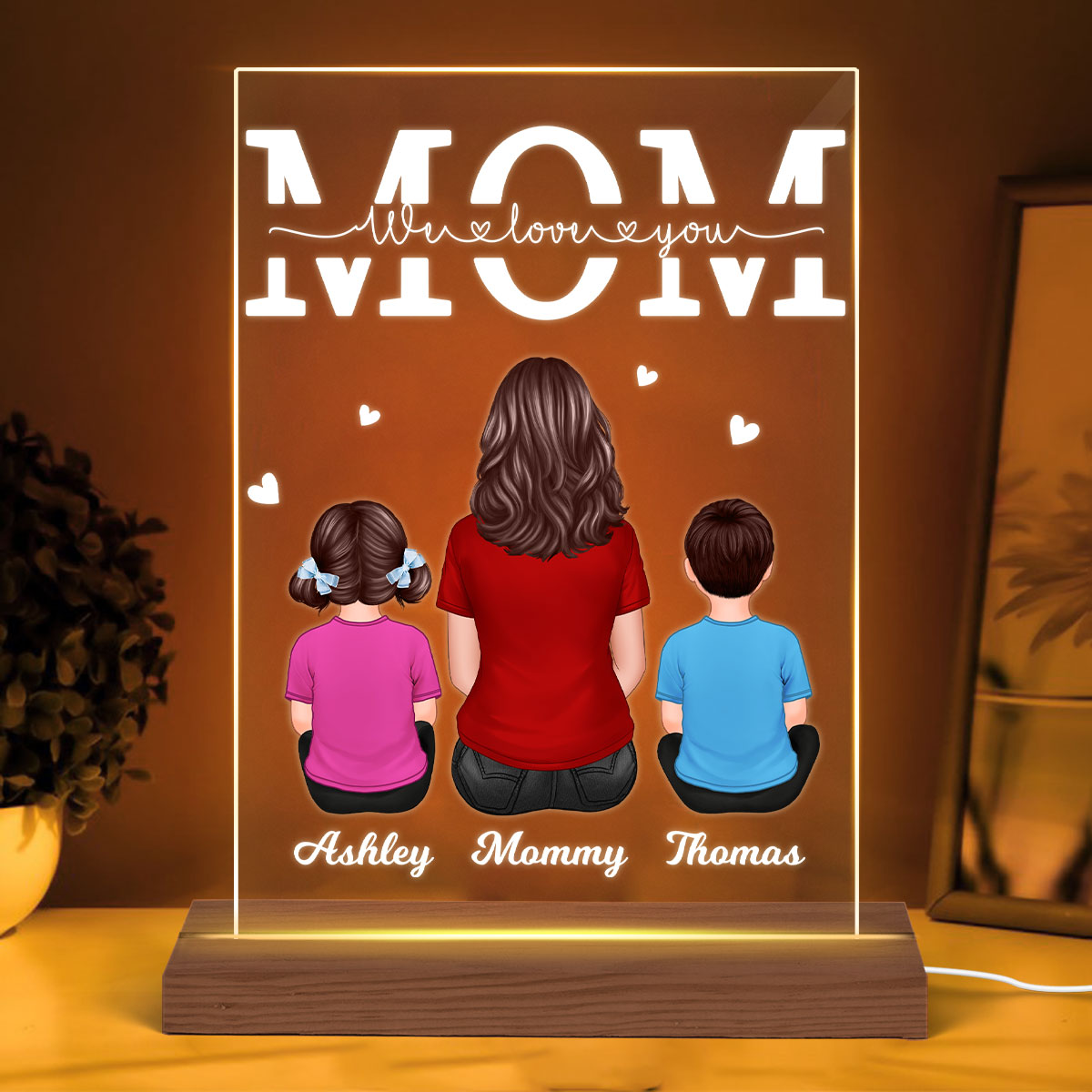 Mom We Love You Woman & Children Back View Personalized Rectangle Acrylic Plaque With LED Night Light