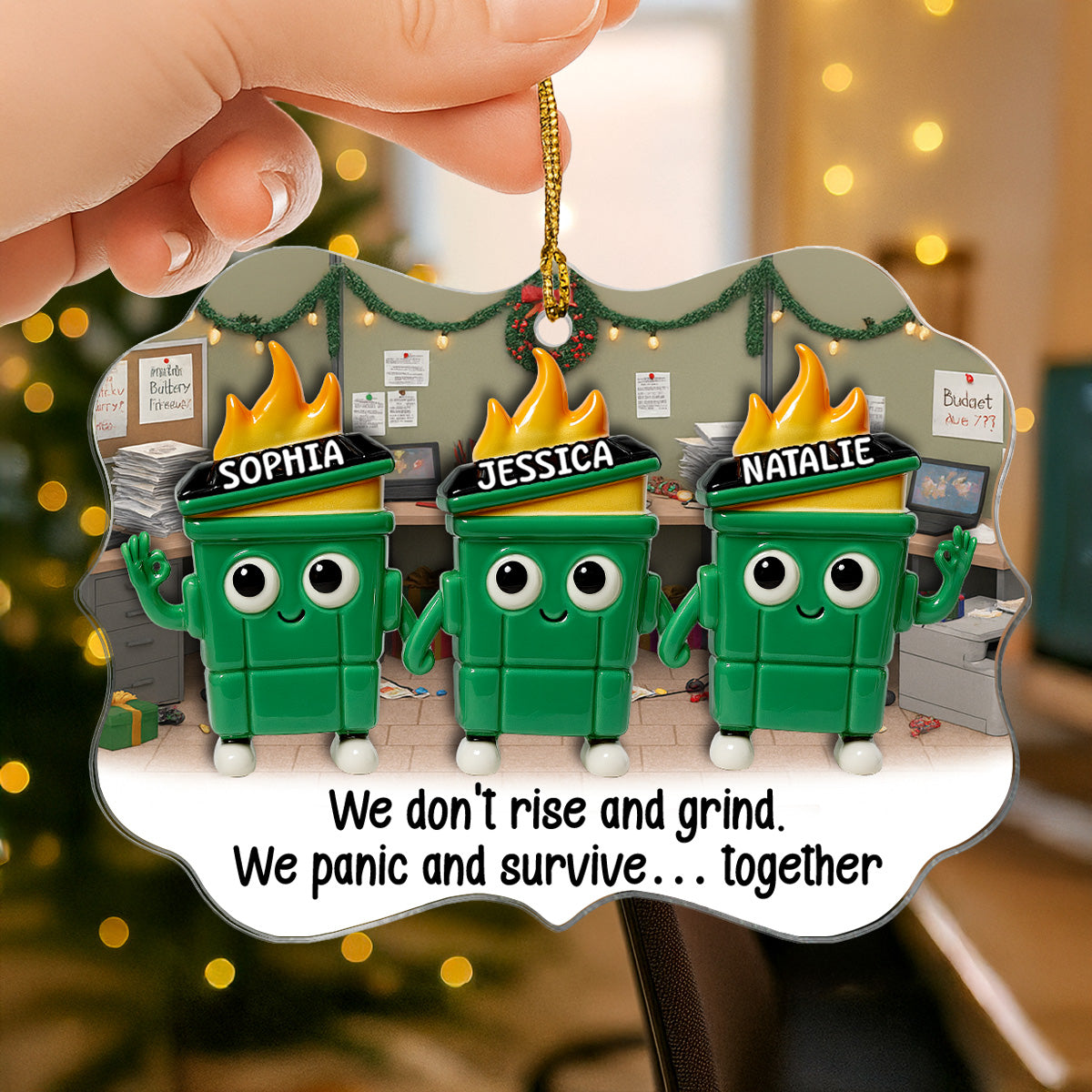 Thank You Work Besties 3D Effect Dumpster Fires - Personalized Acrylic Ornament - Funny Gift For Colleagues, Work Besties