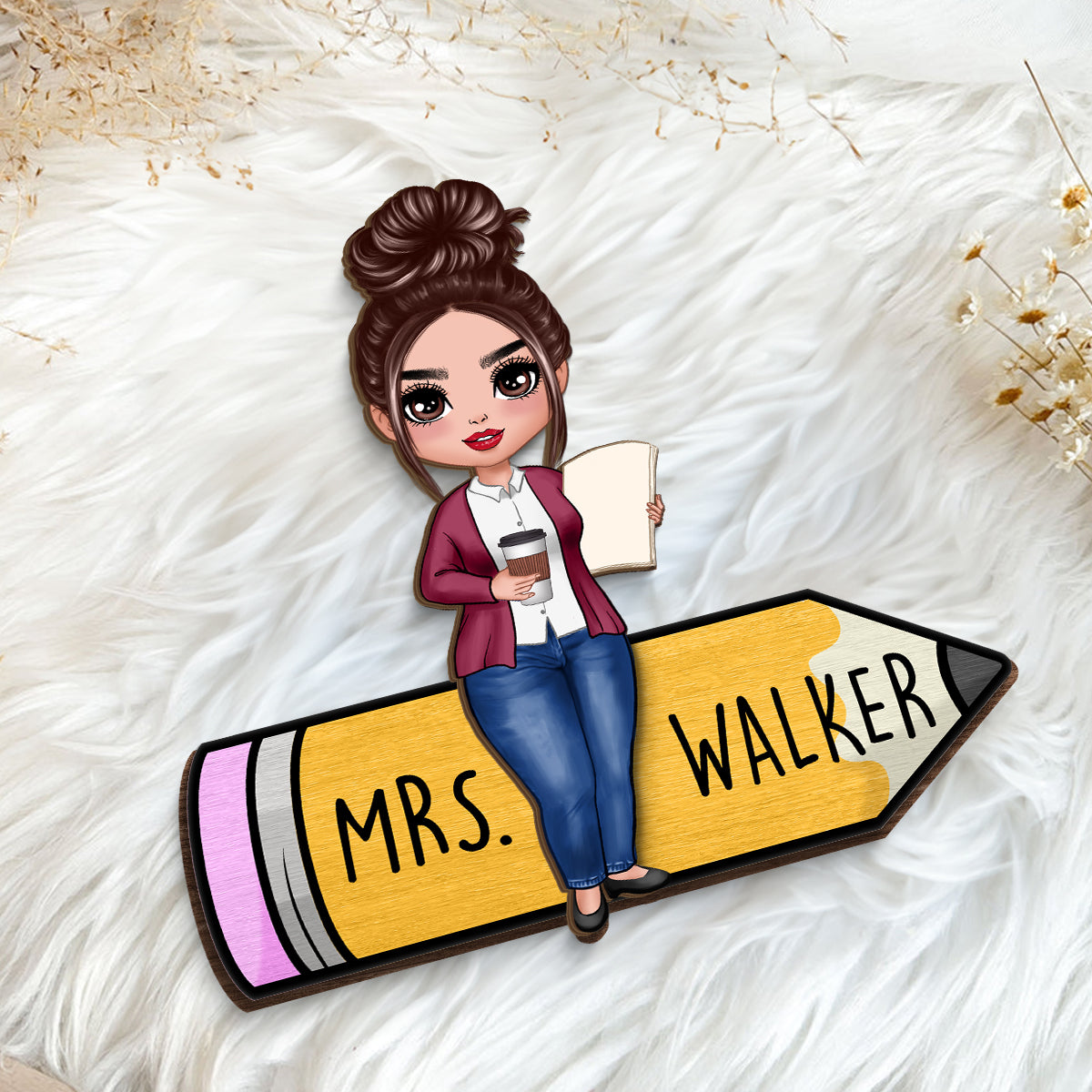 Doll Teacher Sitting On Pencil Personalized 2-Layer Wooden Plaque, Back To School Gift For Teacher, Teacher Appreciation Gift