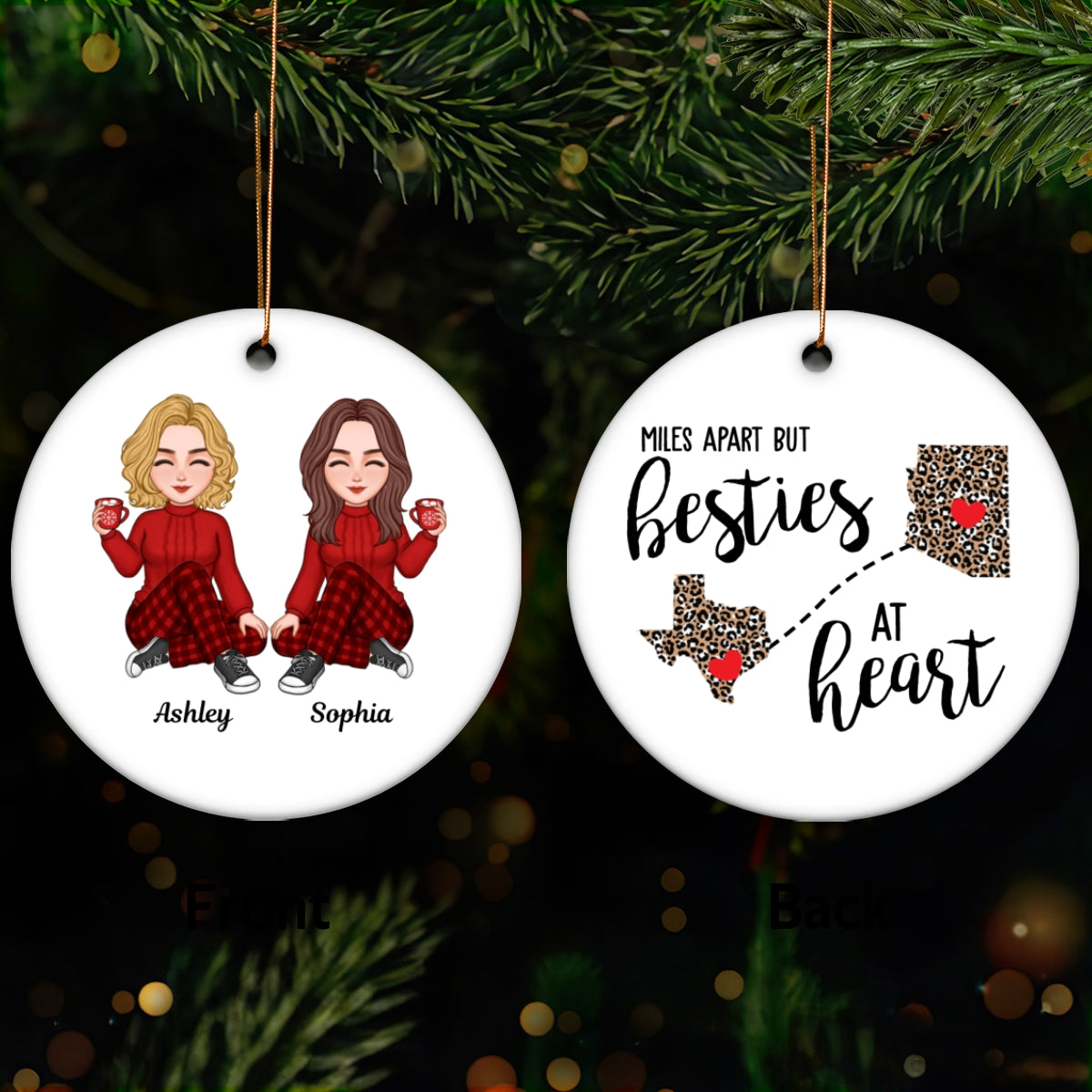 Cute Besties Long Distance Christmas Gift Personalized Double Sided Circle Ornament