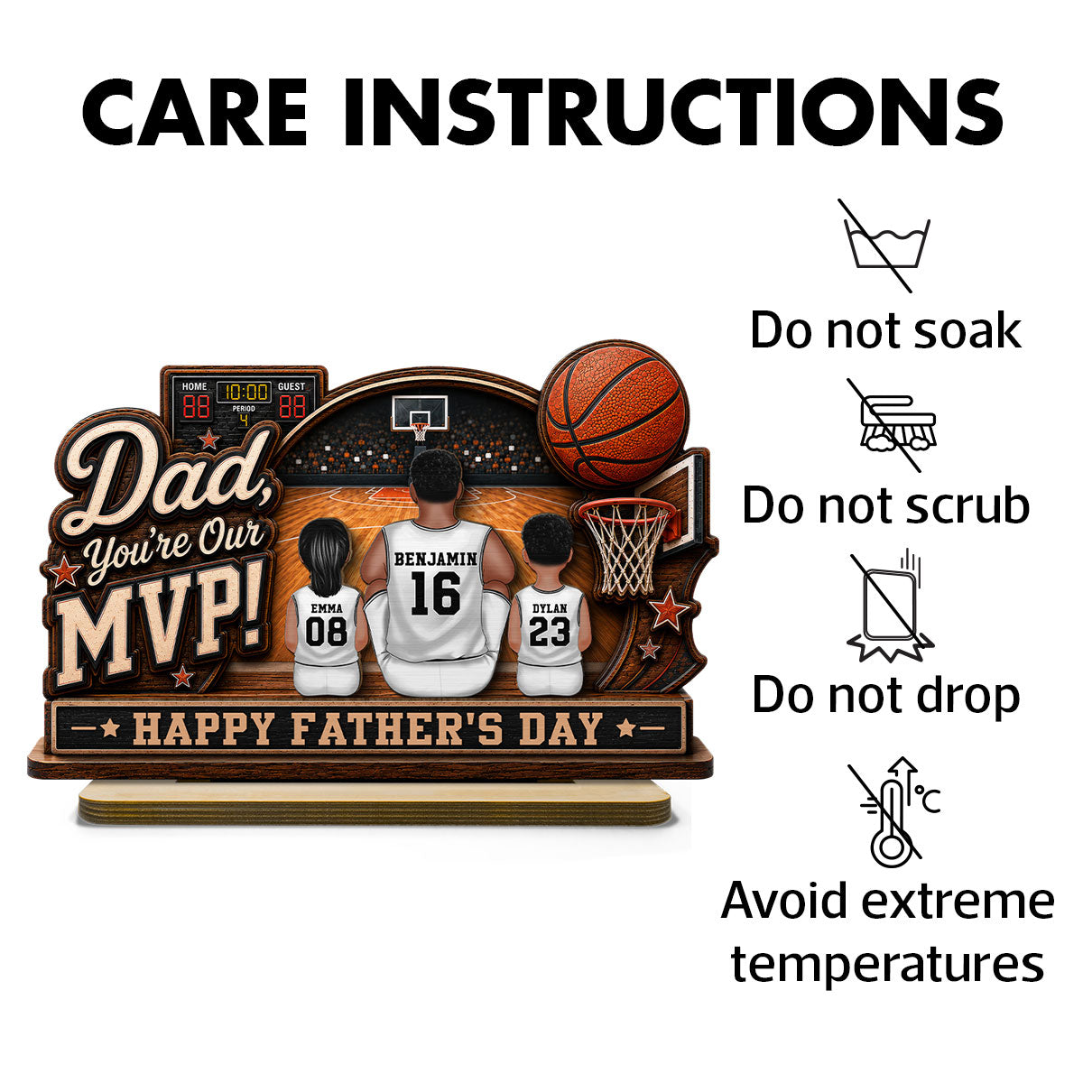 Dad You Are Our MVP Sitting Basketball Man & Kids 2D Flat - Personalized 2-Layered Wooden Plaque - Father's Day Gift For Basketball Dad