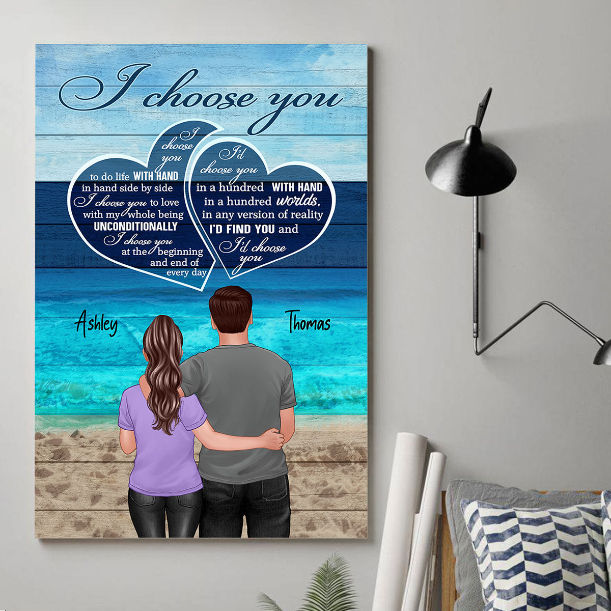 Blue Ocean Color Palette Back View Couple Standing Hugging Personalized Vertical Poster