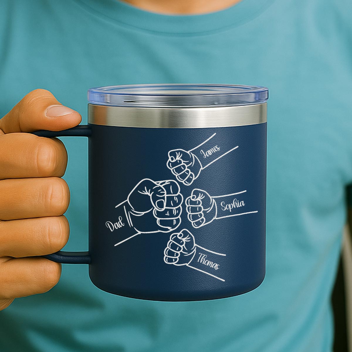 Dad & Kids Fist Bumps Outline Personalized Stainless Steel Tumbler With Handle, Father's Day Gift