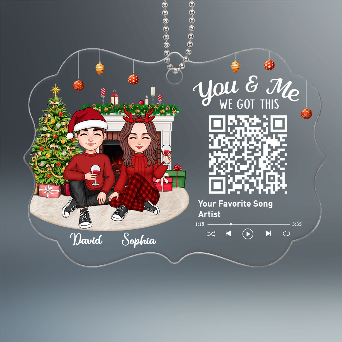 Cute Couple Sitting In House Favorite Song Scannable QR Code Christmas Personalized Christmas Ornament