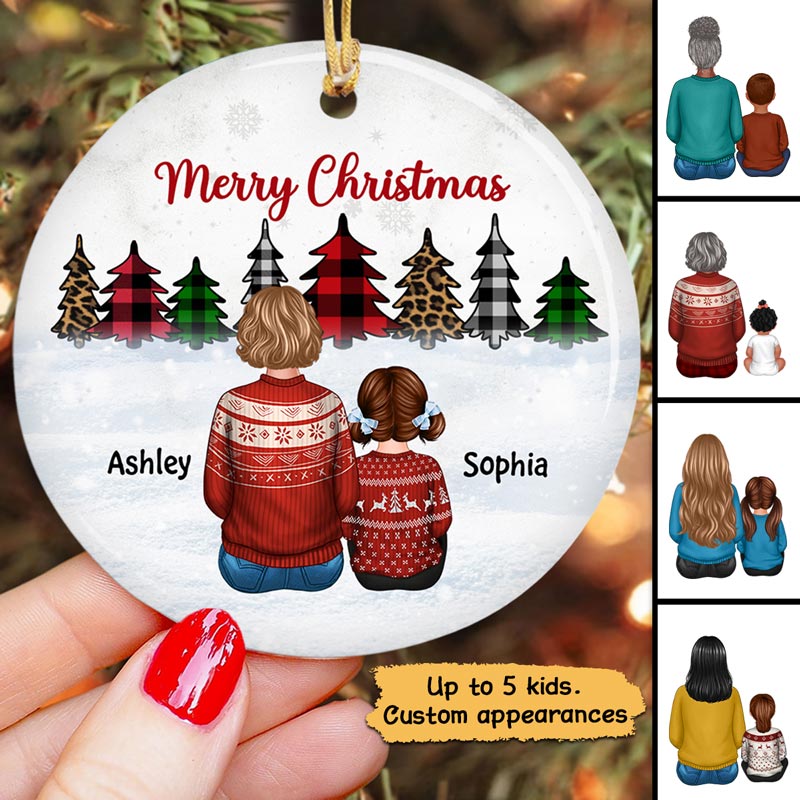 Christmas Tree Leopard Checkered Grandma Grandkids Back View Personalized Circle Ornament