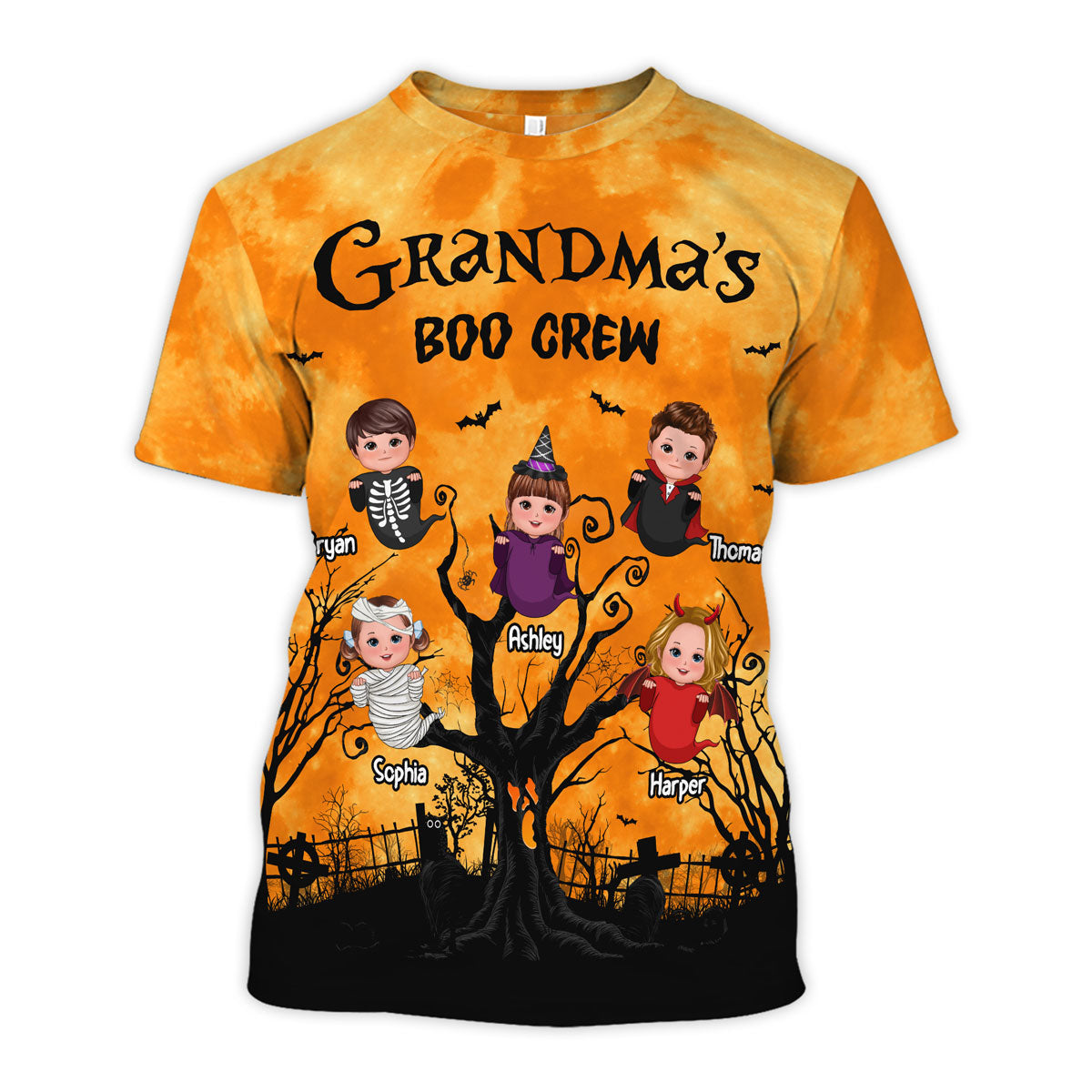 Grandma's Boo Crew Moon Bat Tree Theme Personalized Shirt, Perfect Halloween Costume for Grandma