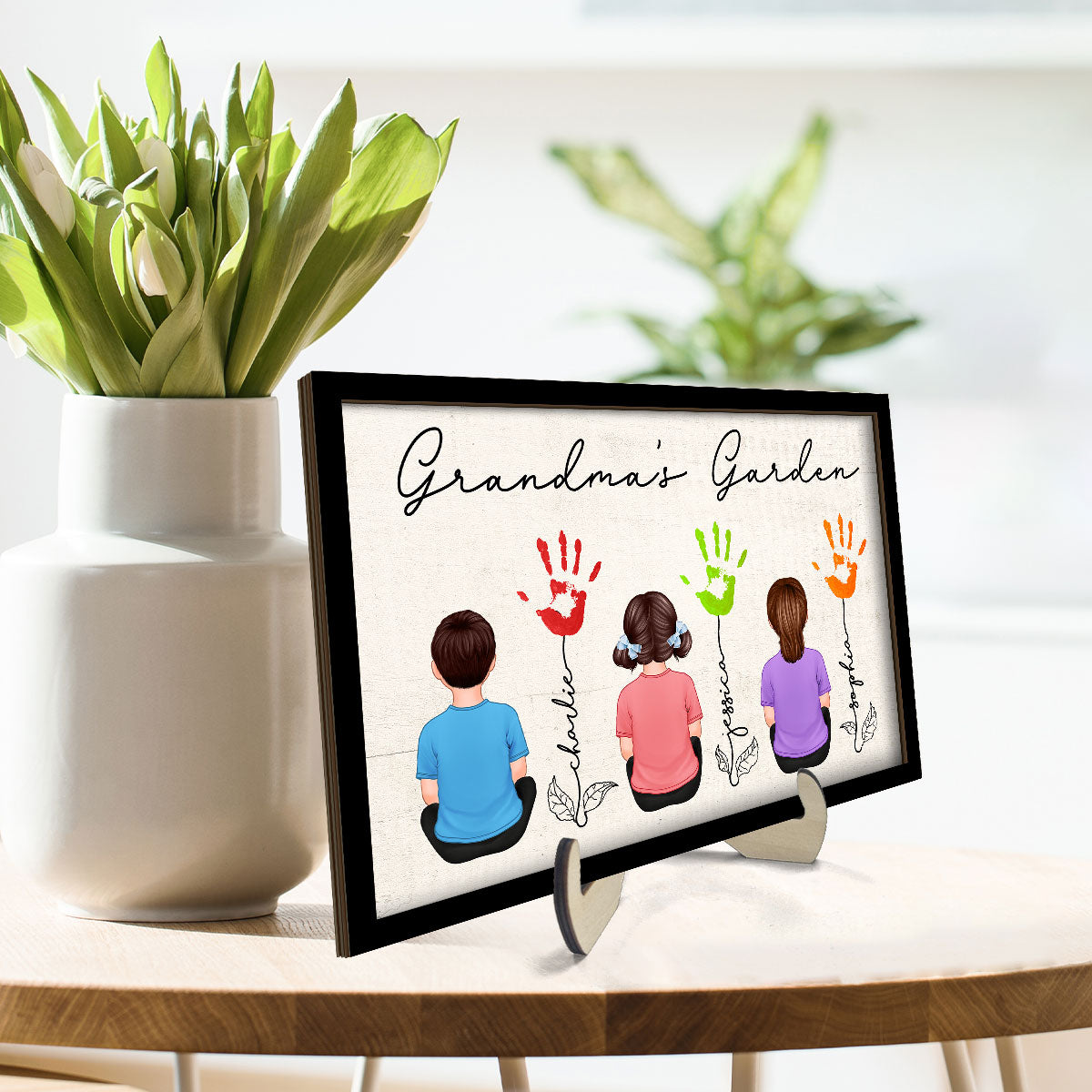 Grandma Garden Handprints Kids Sitting Back View Personalized 2-layer Wooden Plaque