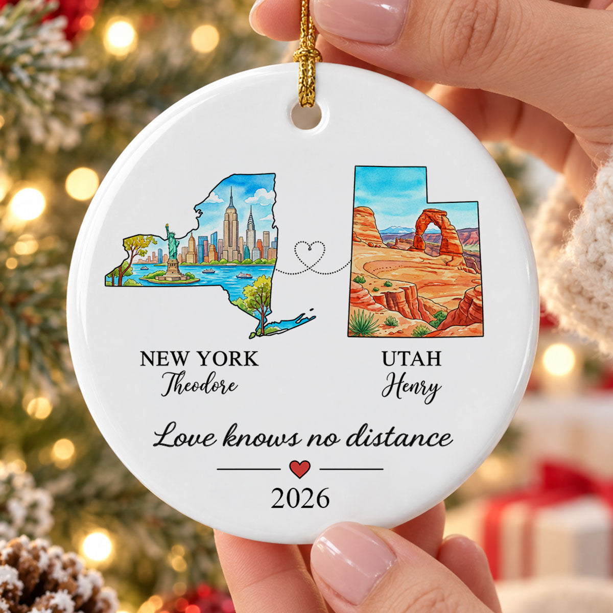 Love Knows No Distance State Map - Personalized Ceramic Ornament - Christmas Gift For Long Distance Couples, Boyfriend, Girlfriend, Husband, Wife