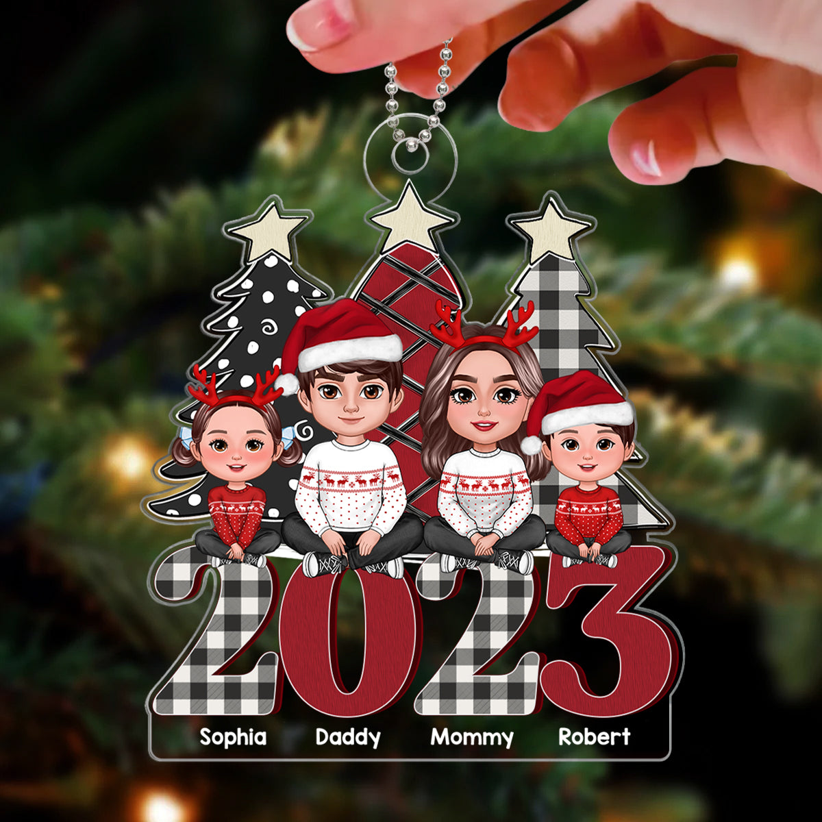 Family Sitting Crossed Legs On Buffalo Plaid Red 2023 Personalized Acrylic Ornament