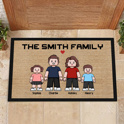 Family Dad Mom Kids Block Characters Personalized Doormat