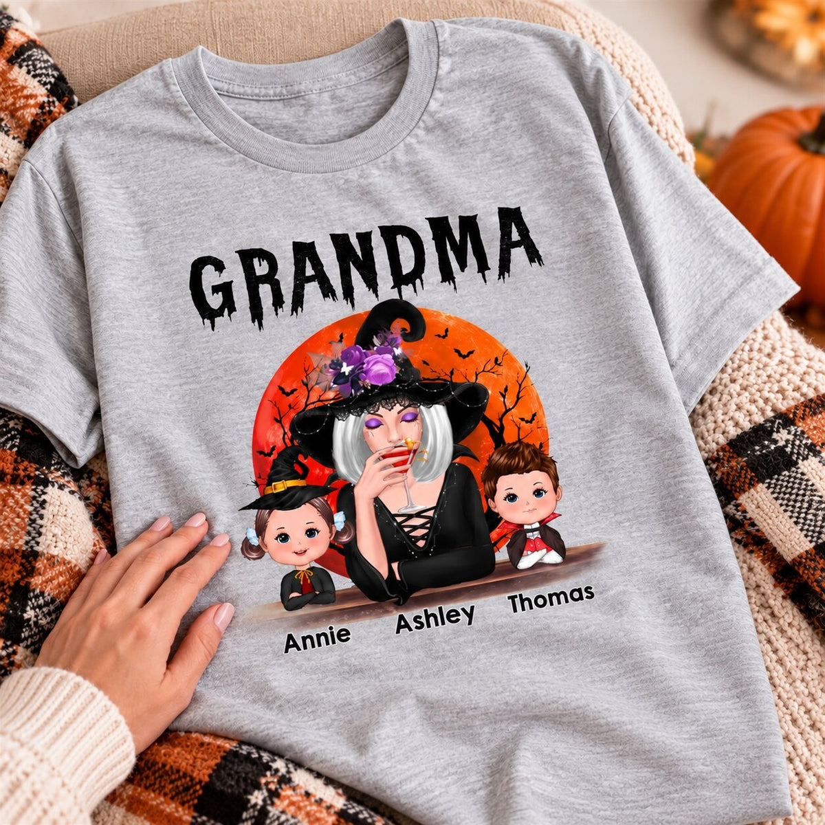 Halloween Moon Grandma Mom Witch With GrandKids Personalized Shirt