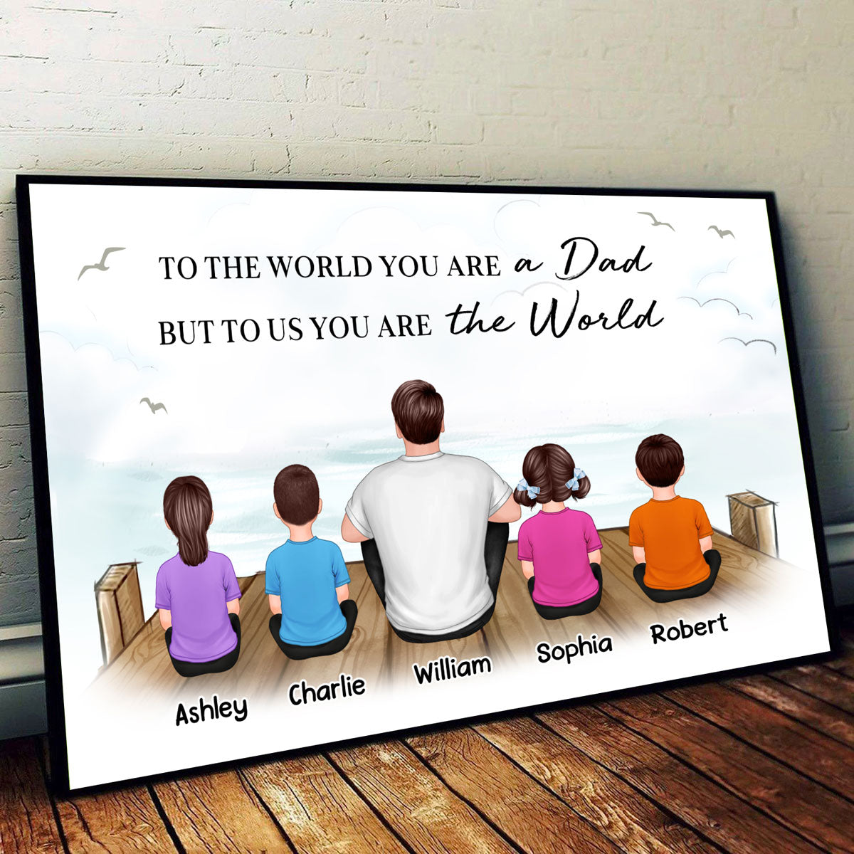 On The Bridge Dad Back View Man And Kids Dogs Cats Sitting Personalized Horizontal Poster