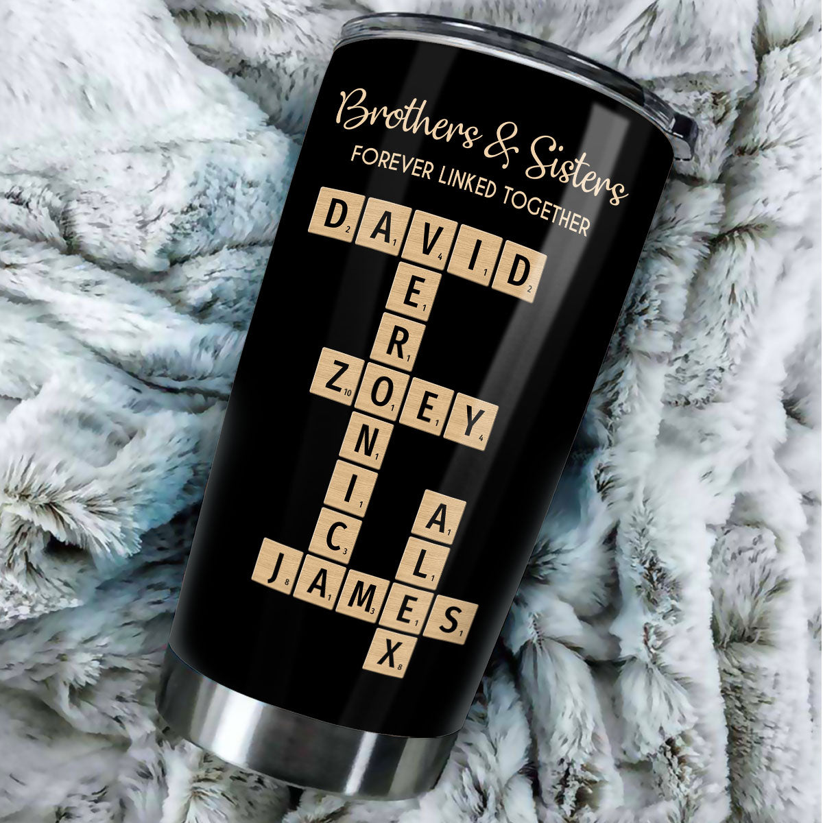 Brothers & Sisters Forever Linked Together Crossword Puzzle Art Personalized Tumbler, Gift For Brothers, Sisters, Siblings, Family