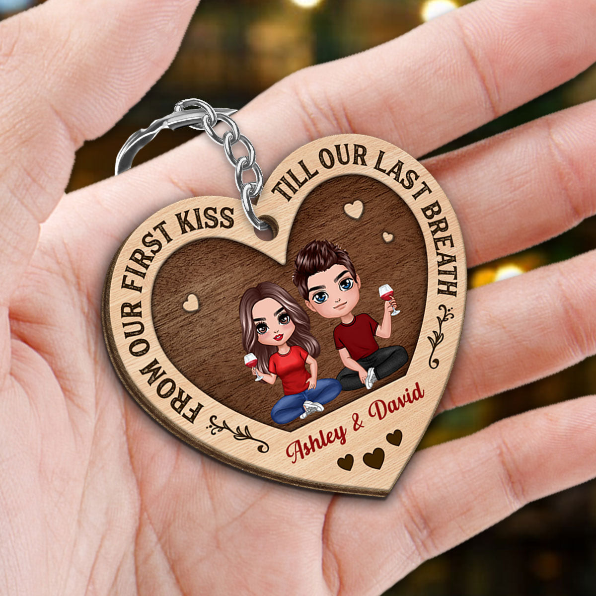 Doll Couple Kissing Drive Safe Gift For Him For Her Personalized Wooden Keychain