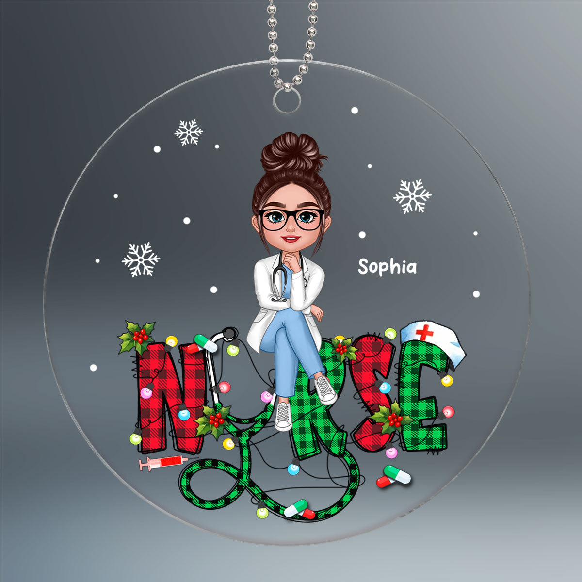 Sitting Nurse Christmas Pattern Personalized Acrylic Ornament, Christmas Gift For Nurses