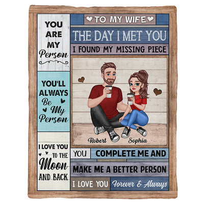 Cartoon Couple Sitting Blue Wood Texture The Day I Met You Personalized Fleece Blanket