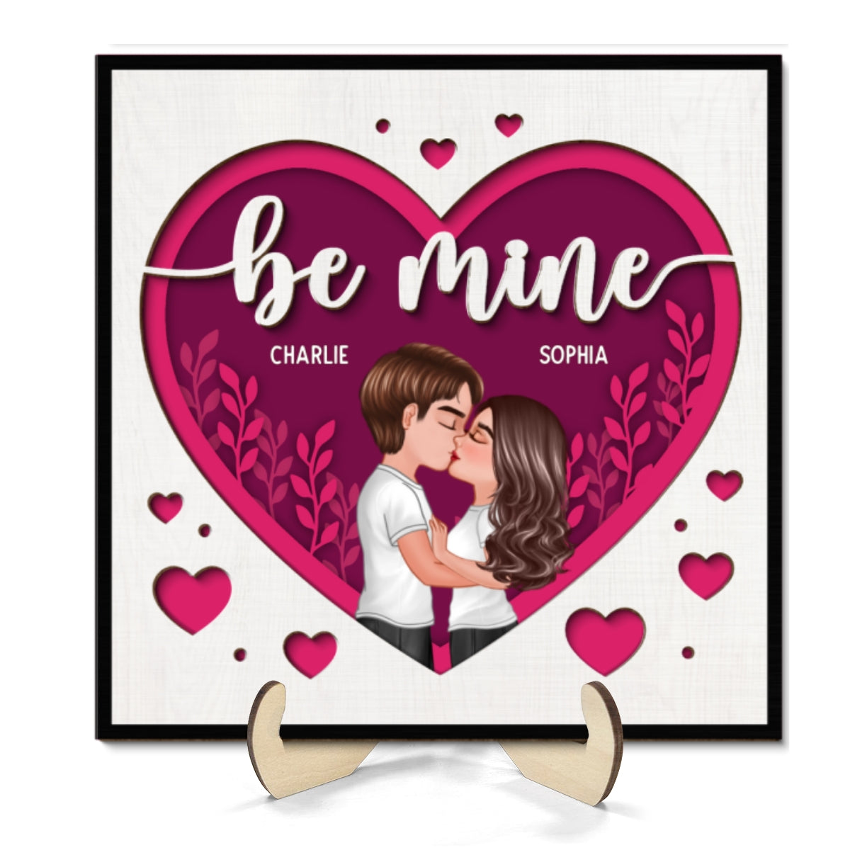 Pink Heart Couple Kissing Valentine‘s Day Gift For Him For Her Personalized 2-Layer Wooden Plaque