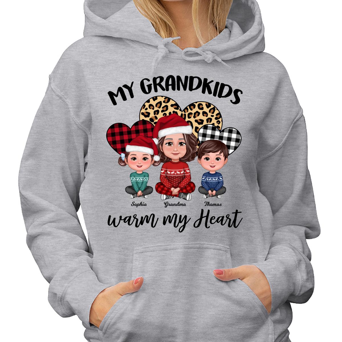 Leopard Checkered Pattern Grandkids Warm My Heart Doll Grandma And Kids Sitting Crossed Legs Christmas Personalized Shirt