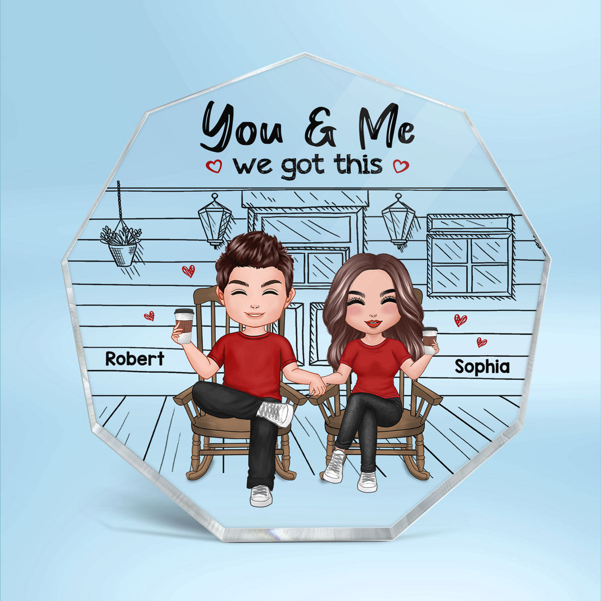 Couple Sitting Front Porch Sketch Personalized Nonagon Acrylic Plaque