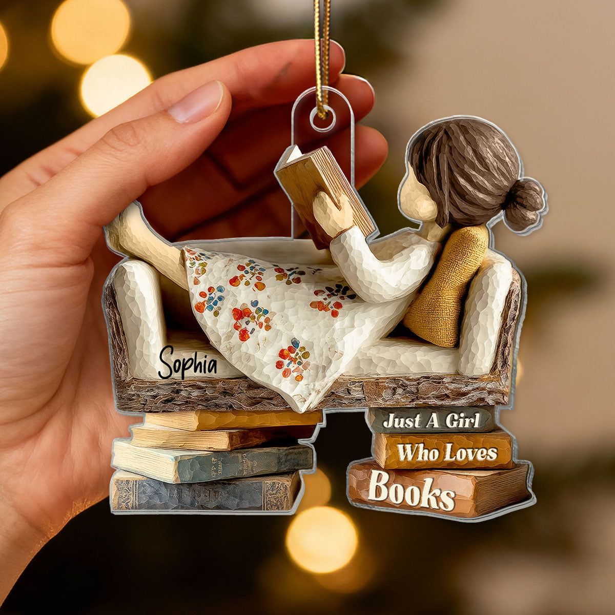 Man Woman Reading Book On Sofa 3D Effect - Personalized Acrylic Ornament - Christmas Gift For Book Lover, Bookworm