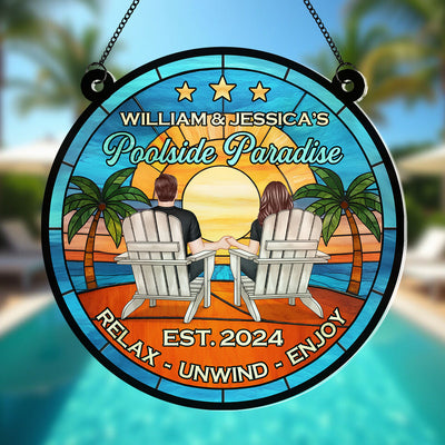 Couple Poolside Backyard Paradise Personalized Acrylic Suncatcher