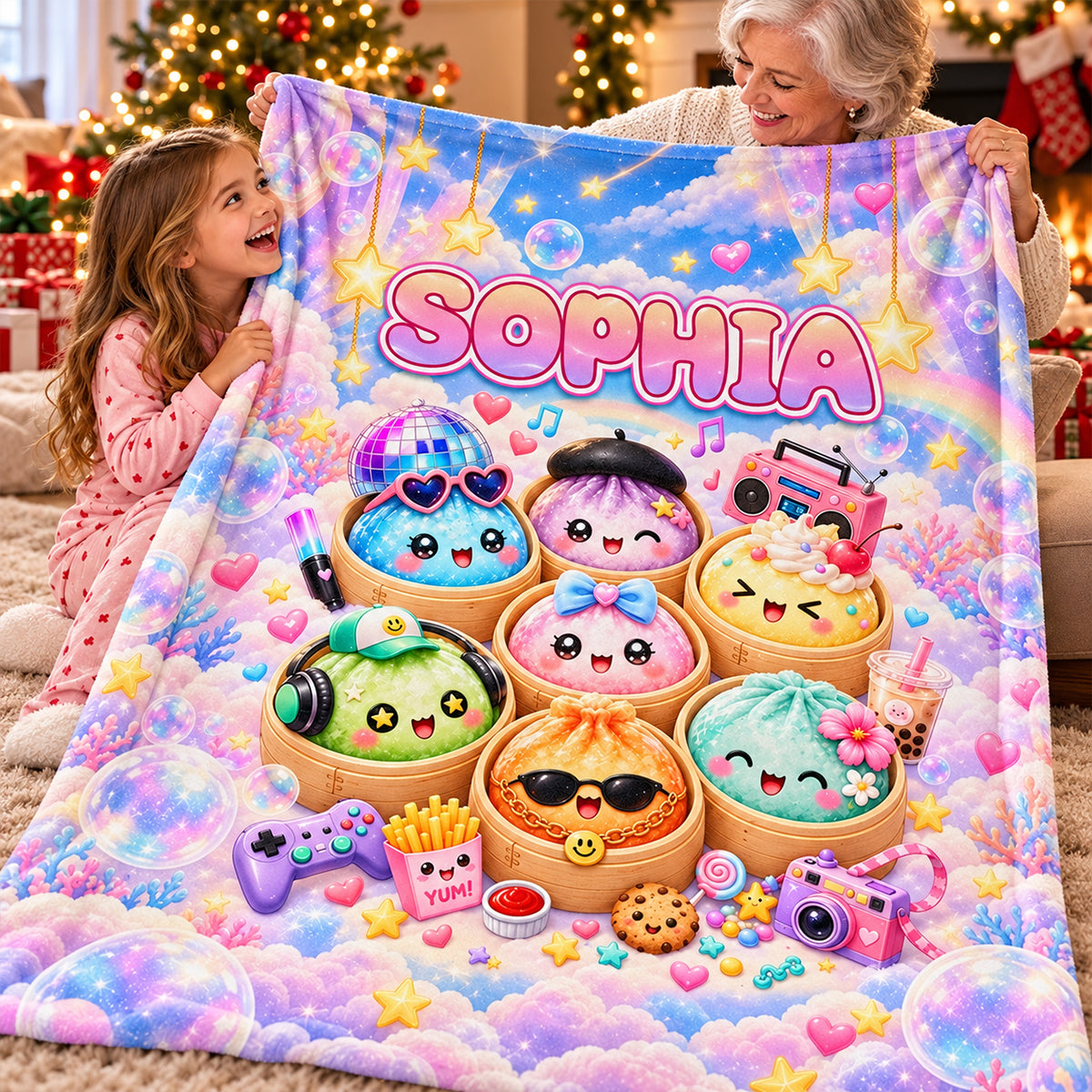 Squishy Dumpling Kawaii Bao - Personalized Fleece Blanket - Christmas Gift for Boys Girls, Daughter Son, Grandkids