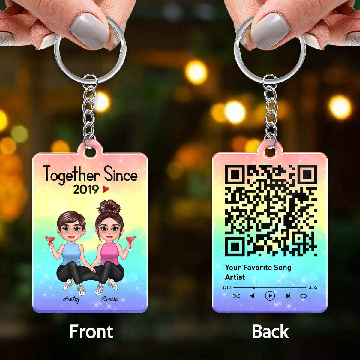 LGBT Doll Couple Sitting Together Since Favorite Song Scannable QR Code Couple Gift Personalized Acrylic Keychain