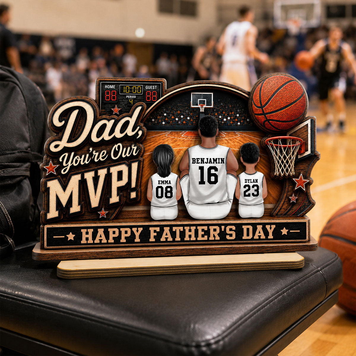 Dad You Are Our MVP Sitting Basketball Man & Kids 2D Flat - Personalized 2-Layered Wooden Plaque - Father's Day Gift For Basketball Dad