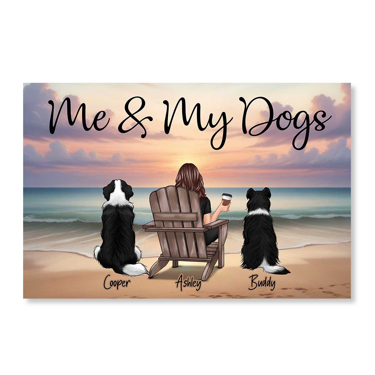 Single Person Me And The Dogs Cats Realistic Beach Landscape Personalized Poster
