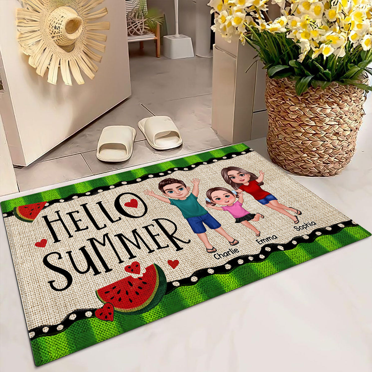 Hello Summer Watermelon Family Personalized Doormat, Summer Decoration