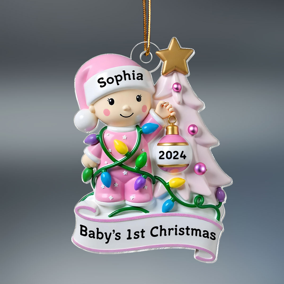 Baby Beside Christmas Tree 3D Effect Baby's First Christmas Personalized Acrylic Flat Ornament