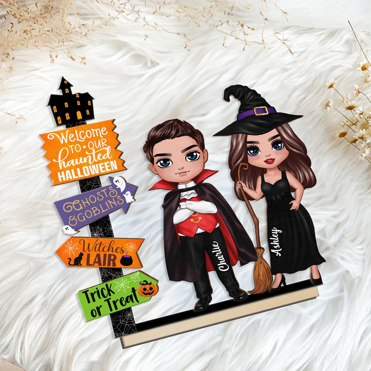 Welcome To Our Haunted House Couple Halloween Tier Tray Decor Personalized 2-Layer Standing Wooden Plaque