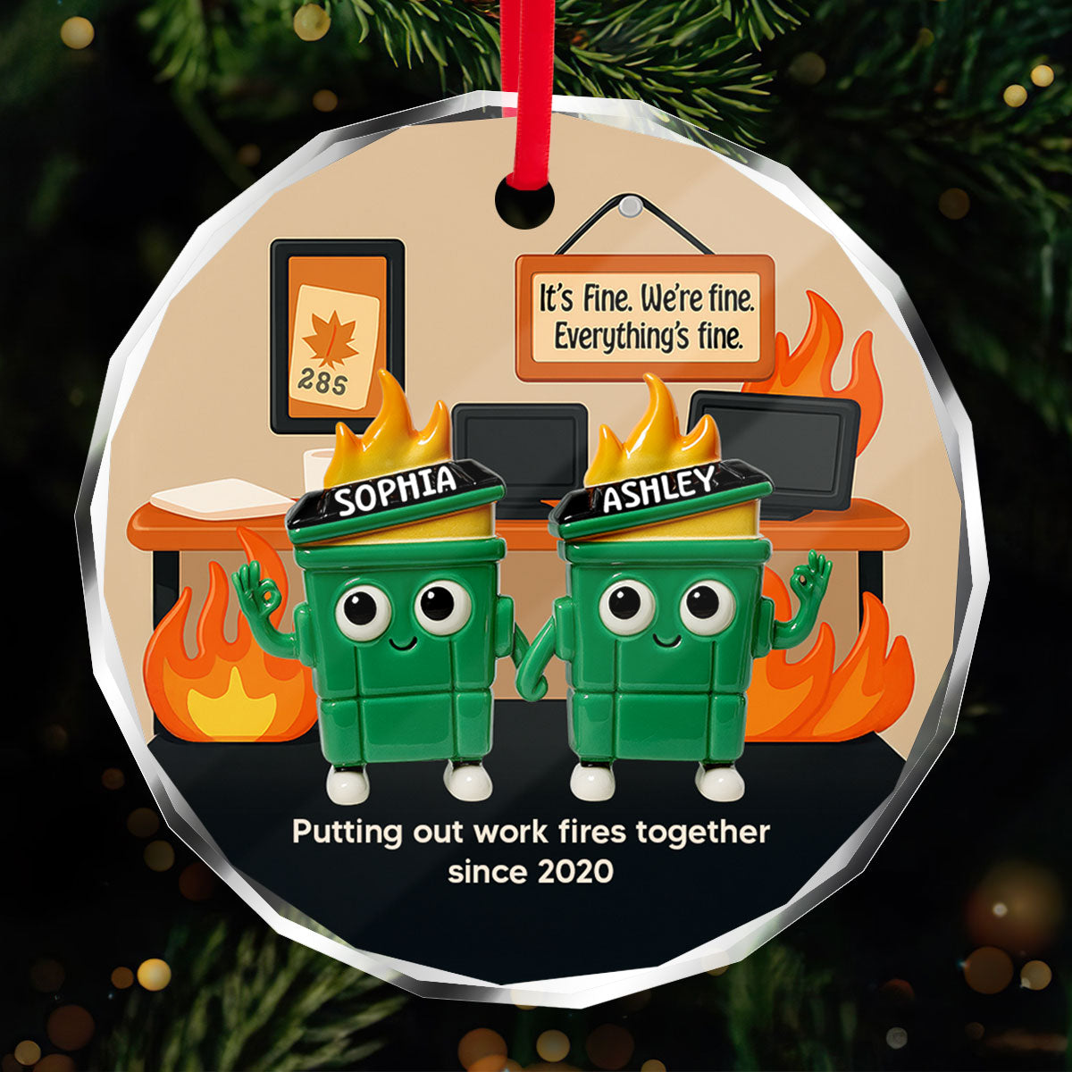 3D Effect Dumpster Fires In Office Scene - Personalized Ornament - Funny Gift For Colleagues, Work Besties