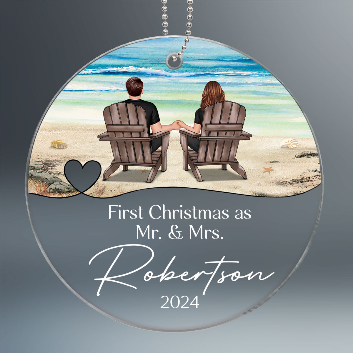 First Christmas Couple Sitting At Beach Personalized Acrylic Ornament for Wedding, Christmas Gift, Wedding Keepsake Gifts