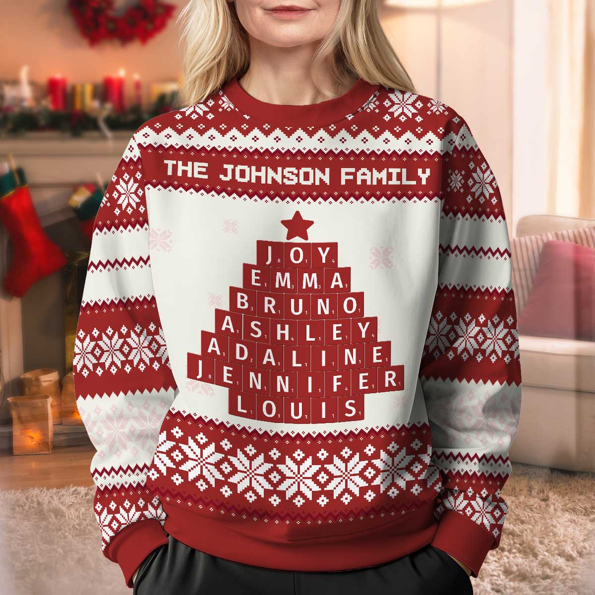 Unique Word Art Family Member Names Personalized Faux Knitting Ugly Sweater