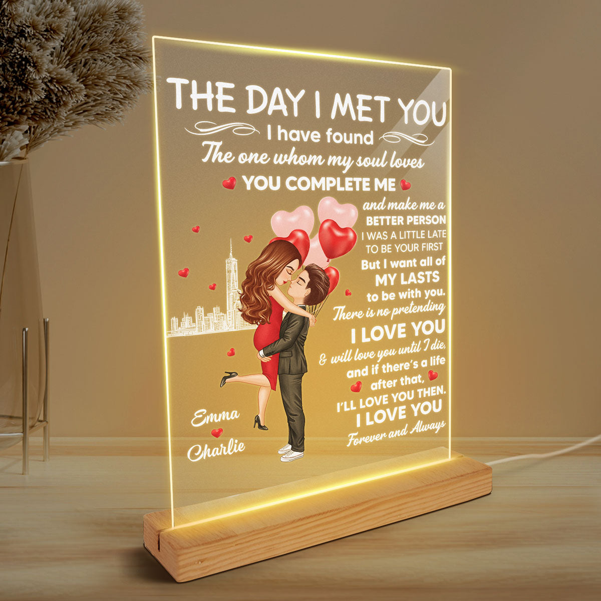 Hugging Couple I Met You Personalized LED Night Light, Acrylic LED Lamp