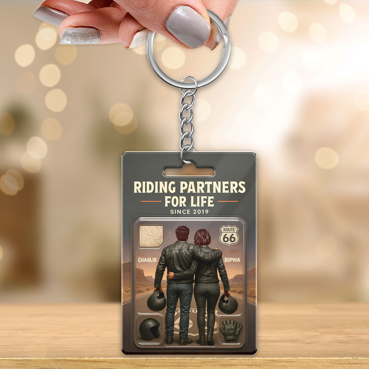 3D Effect Custom Figure Couple Bikers Riding Partners For Life Personalized Acrylic Keychain, Gift For Bikers