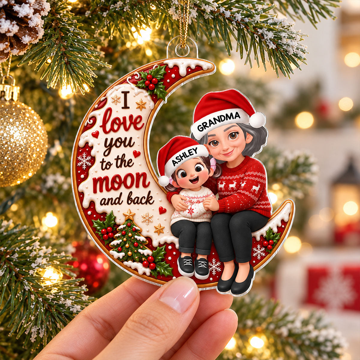 Endless Love Christmas Grandma Grandkid Love You To The Moon And Back - Personalized Acrylic Ornament - Gift For Grandma, Grandkids, Grandsons, Granddaughters
