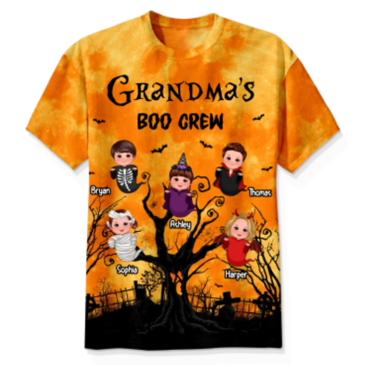 Grandma's Boo Crew Moon Bat Tree Theme Personalized Shirt, Perfect Halloween Costume for Grandma