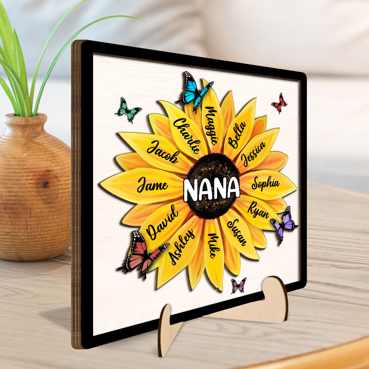 Sunflower Grandma Mom Grandkids Names Personalized 2-Layer Wooden Plaque