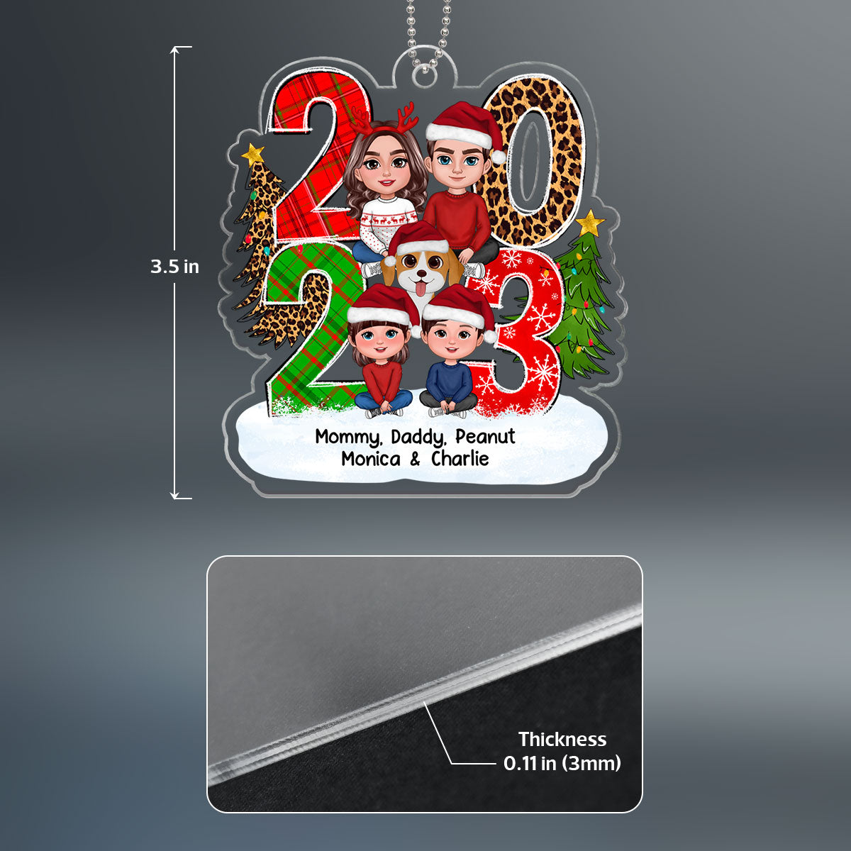 Christmas Family Sitting Crossed Legs 2023 Stacked Pattern Personalized Acrylic Ornament