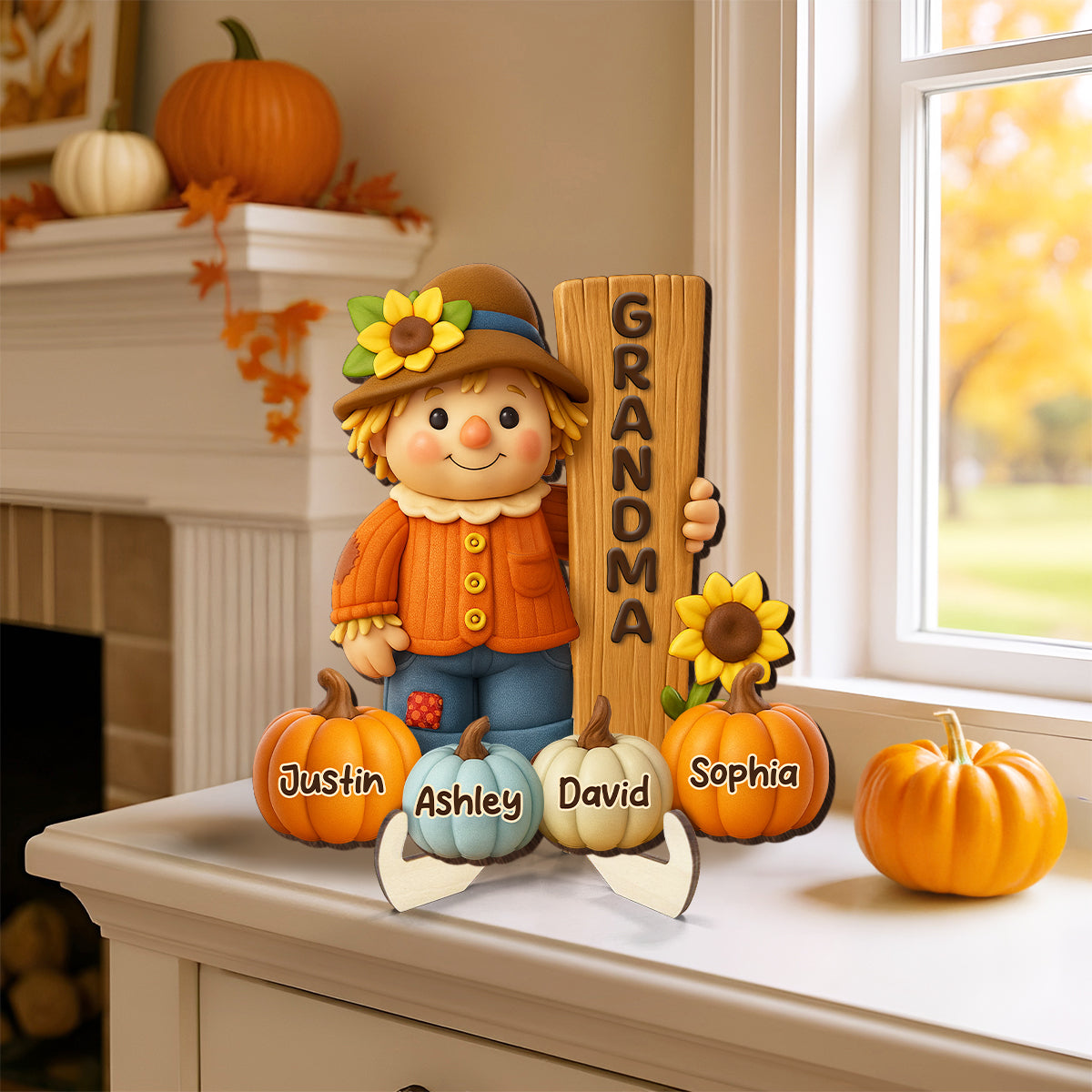 Grandma Scarecrow Standing Grandkids Pumpkins 3D Effect Personalized 2-Layer Wooden Plaque