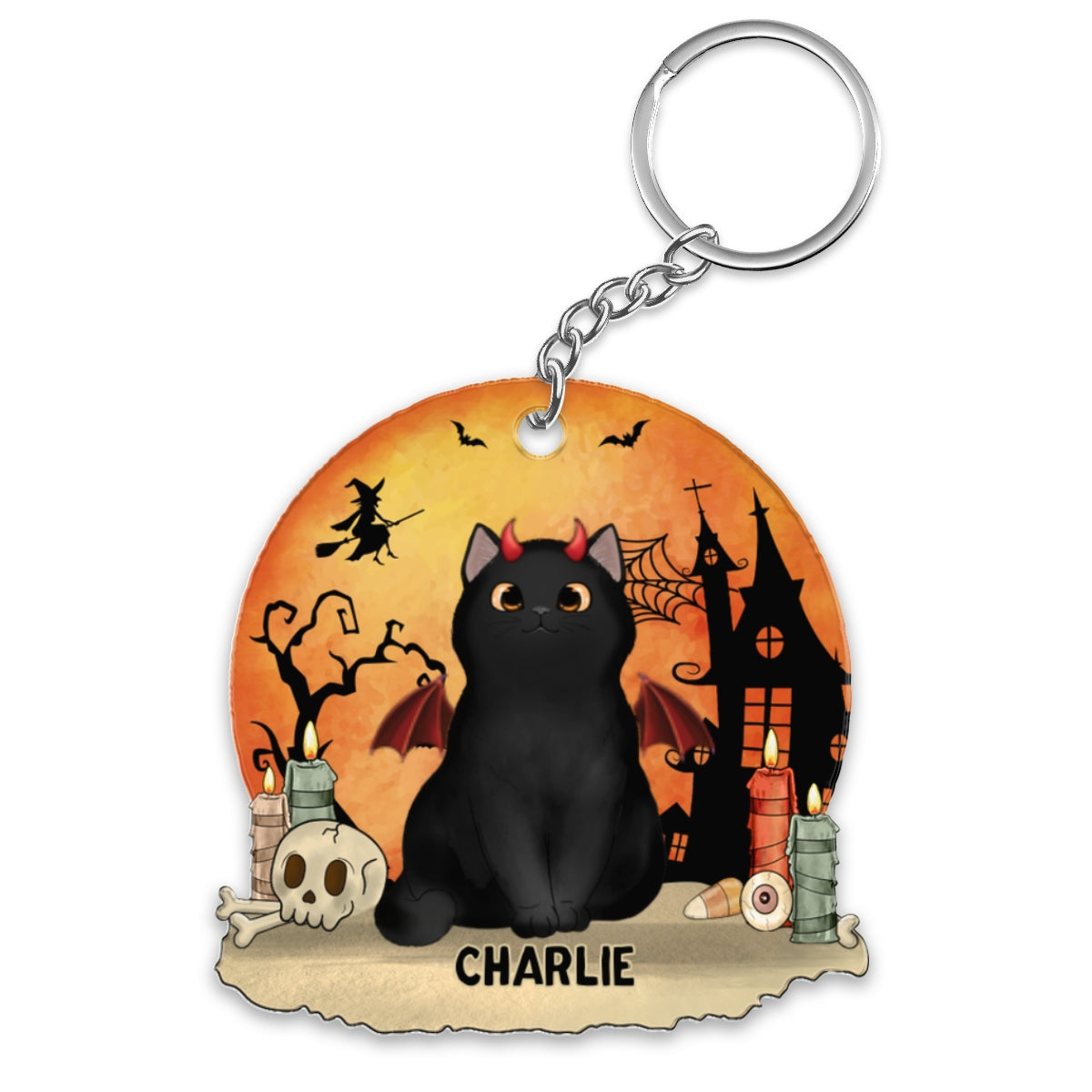 Orange Moon Halloween Fluffy Cat Sitting Personalized Acrylic Keychain